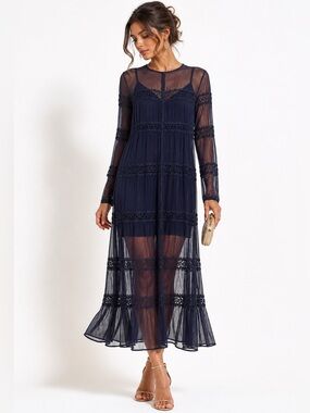 Gold Hawk Navy Sheer Lace Two Piece Maxi Dress Size S NWOT